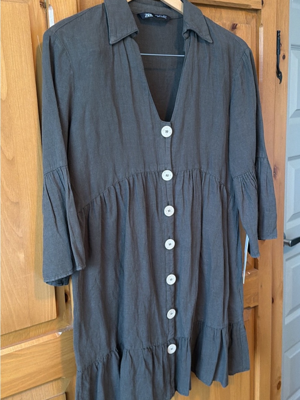 Zara Brown Collared Button-Tier Dress